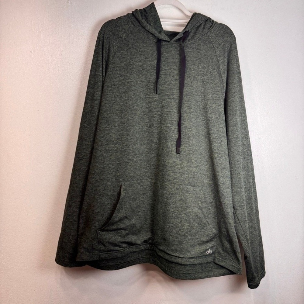 Alo Yoga Mens Conquer Hoodie XL Green Heathered Pullover Stretch RN87370 - Picture 7 of 7